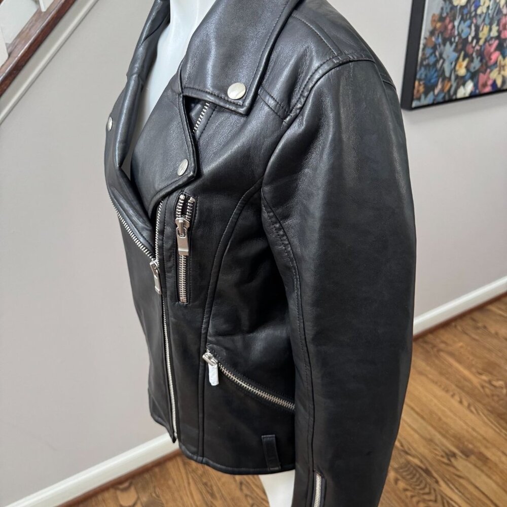 NWT AS by DF Brando Recycled Leather Boyfriend Moto Jacket Black Size XS No Belt - Picture 4 of 5